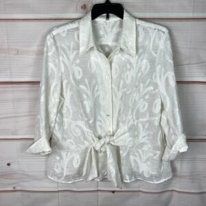 Robert Kitchen Top Womens XXL White Floral Button Up Shirt Sheer Belt 3/4 Sleeve